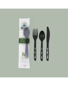 Cutlery Kit, Medium Weight, Fork, Knife, Spoon, Napkin, CPLA, Compostable - Black 500/Case